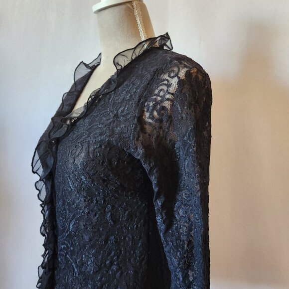 Uniform John Paul Richard Women's Size M Black Sheer Ruffle Lace Faux Button Top - Picture 7 of 13